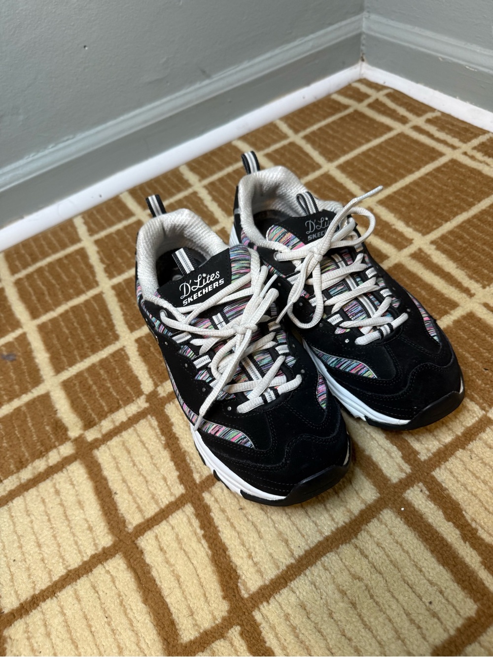 Skechers D'Lites Black with Pink & Blue Striped Accents Sneakers